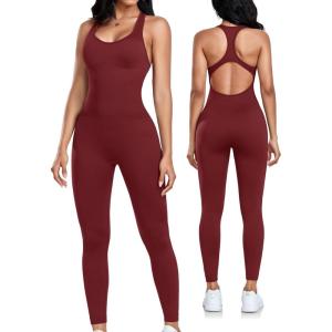 OLCHEE Womens Workout Jumpsuits Seamless Yoga Gym Bodycon Rompers Sexy Racerback Tummy Control Padded Bra Unitard(Red)