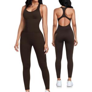 OLCHEE Womens Workout Jumpsuits Seamless Yoga Gym Bodycon Rompers Sexy Racerback Tummy Control Padded Bra Unitard(Seal Brown)