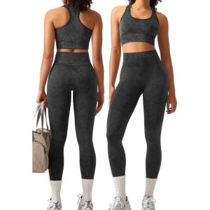 OLCHEE Womens Workout Sets 2 Piece – Acid Wash Seamless Yoga Outfits High Waist Leggings Padded Racerback Sports Bra Gym Set(Black)