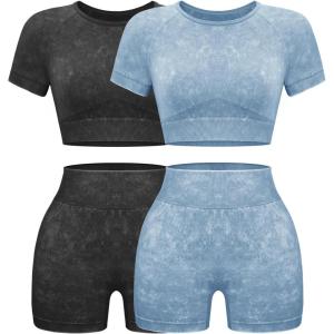 OLCHEE Womens Workout Sets 2 Piece – Seamless Acid Wash Yoga Outfits Shorts and Crop Top Matching Gym Athletic Clothing Set(2pk: Black + Blue)