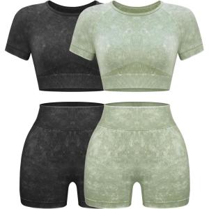 OLCHEE Womens Workout Sets 2 Piece – Seamless Acid Wash Yoga Outfits Shorts and Crop Top Matching Gym Athletic Clothing Set(2pk: Black + Green)