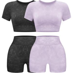 OLCHEE Womens Workout Sets 2 Piece – Seamless Acid Wash Yoga Outfits Shorts and Crop Top Matching Gym Athletic Clothing Set(2pk: Black + Purple)
