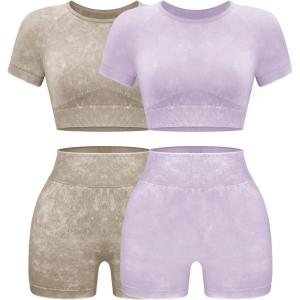OLCHEE Womens Workout Sets 2 Piece – Seamless Acid Wash Yoga Outfits Shorts and Crop Top Matching Gym Athletic Clothing Set(2pk: Cream + Purple)