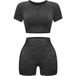 OLCHEE Womens Workout Sets 2 Piece – Seamless Acid Wash Yoga Outfits Shorts and Crop Top Matching Gym Athletic Clothing Set(Short-sleeve + Shorts: Black)