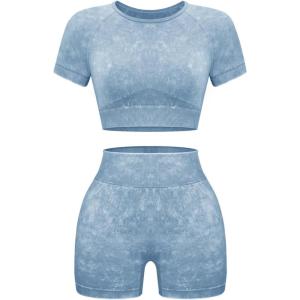 OLCHEE Womens Workout Sets 2 Piece – Seamless Acid Wash Yoga Outfits Shorts and Crop Top Matching Gym Athletic Clothing Set(Short-sleeve + Shorts: Blue)