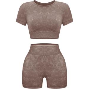 OLCHEE Womens Workout Sets 2 Piece – Seamless Acid Wash Yoga Outfits Shorts and Crop Top Matching Gym Athletic Clothing Set(Short-sleeve + Shorts: Brown)