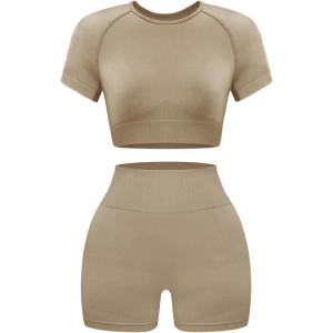 OLCHEE Womens Workout Sets 2 Piece – Seamless Acid Wash Yoga Outfits Shorts and Crop Top Matching Gym Athletic Clothing Set(Short-sleeve + Shorts: Coffee)