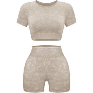 OLCHEE Womens Workout Sets 2 Piece – Seamless Acid Wash Yoga Outfits Shorts and Crop Top Matching Gym Athletic Clothing Set(Short-sleeve + Shorts: Cream)