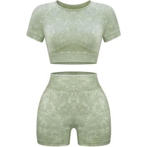 OLCHEE Womens Workout Sets 2 Piece – Seamless Acid Wash Yoga Outfits Shorts and Crop Top Matching Gym Athletic Clothing Set(Short-sleeve + Shorts: Green)