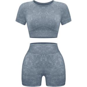 OLCHEE Womens Workout Sets 2 Piece – Seamless Acid Wash Yoga Outfits Shorts and Crop Top Matching Gym Athletic Clothing Set(Short-sleeve + Shorts: Grey)