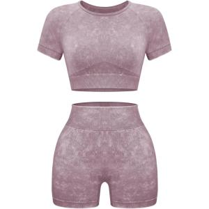 OLCHEE Womens Workout Sets 2 Piece – Seamless Acid Wash Yoga Outfits Shorts and Crop Top Matching Gym Athletic Clothing Set(Short-sleeve + Shorts: Mauve)