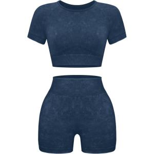 OLCHEE Womens Workout Sets 2 Piece – Seamless Acid Wash Yoga Outfits Shorts and Crop Top Matching Gym Athletic Clothing Set(Short-sleeve + Shorts: Navy)