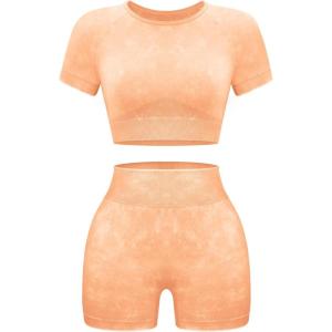 OLCHEE Womens Workout Sets 2 Piece – Seamless Acid Wash Yoga Outfits Shorts and Crop Top Matching Gym Athletic Clothing Set(Short-sleeve + Shorts: Orange)