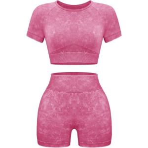 OLCHEE Womens Workout Sets 2 Piece – Seamless Acid Wash Yoga Outfits Shorts and Crop Top Matching Gym Athletic Clothing Set(Short-sleeve + Shorts: Pink)