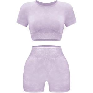OLCHEE Womens Workout Sets 2 Piece – Seamless Acid Wash Yoga Outfits Shorts and Crop Top Matching Gym Athletic Clothing Set(Short-sleeve + Shorts: Purple)