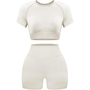 OLCHEE Womens Workout Sets 2 Piece – Seamless Acid Wash Yoga Outfits Shorts and Crop Top Matching Gym Athletic Clothing Set(Short-sleeve + Shorts: White)