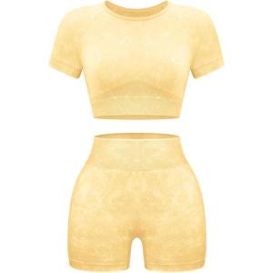 OLCHEE Womens Workout Sets 2 Piece – Seamless Acid Wash Yoga Outfits Shorts and Crop Top Matching Gym Athletic Clothing Set(Short-sleeve + Shorts: Yellow)