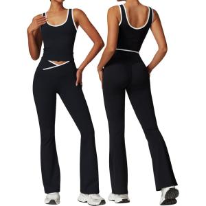 OLCHEE Womens Workout Sets 2 Piece Gym Yoga Outfits Crossover Flare Leggings Crop Tank Top with Contrast Trim(Black)