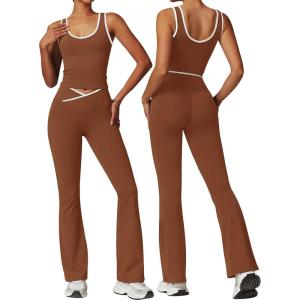 OLCHEE Womens Workout Sets 2 Piece Gym Yoga Outfits Crossover Flare Leggings Crop Tank Top with Contrast Trim(Chocolate)