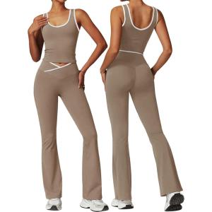 OLCHEE Womens Workout Sets 2 Piece Gym Yoga Outfits Crossover Flare Leggings Crop Tank Top with Contrast Trim(Khaki)