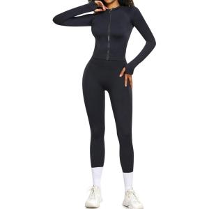 OLCHEE Womens Workout Sets 2 Piece Seamless Yoga Outfits Long Sleeve Zipper Jacket High Waist Leggings Butt Lifting Gym Set(Black)