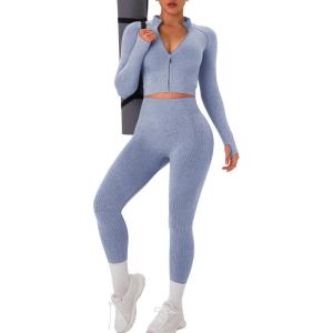 OLCHEE Womens Workout Sets 2 Piece Seamless Yoga Outfits Long Sleeve Zipper Jacket High Waist Leggings Butt Lifting Gym Set(Blue)