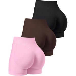 OLCHEE Womens Workout Shorts Seamless Scrunch Butt Lifting 3 Pack Yoga Gym Athletic High Waisted Tummy Control Booty 4.1″(Black+brown+light Pink)