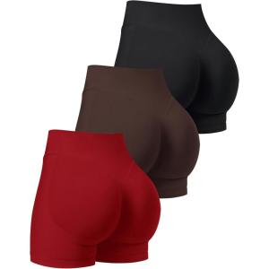 OLCHEE Womens Workout Shorts Seamless Scrunch Butt Lifting 3 Pack Yoga Gym Athletic High Waisted Tummy Control Booty 4.1″(Black+brown+red)