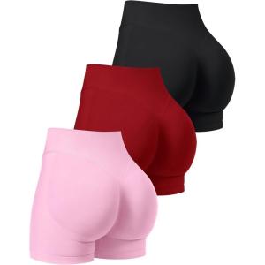 OLCHEE Womens Workout Shorts Seamless Scrunch Butt Lifting 3 Pack Yoga Gym Athletic High Waisted Tummy Control Booty 4.1″(Black+red+light Pink)