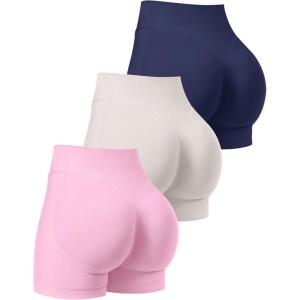 OLCHEE Womens Workout Shorts Seamless Scrunch Butt Lifting 3 Pack Yoga Gym Athletic High Waisted Tummy Control Booty 4.1″(Navy+beige+light Pink)
