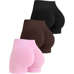 OLCHEE Womens Workout Shorts Seamless Scrunch Butt Lifting 3 Pack Yoga Gym Athletic High Waisted Tummy Control Booty 4.1″(Style2: Black Brown Light Pink)