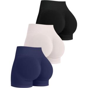 OLCHEE Womens Workout Shorts Seamless Scrunch Butt Lifting 3 Pack Yoga Gym Athletic High Waisted Tummy Control Booty 4.1″(Style2:black Beige Navy)