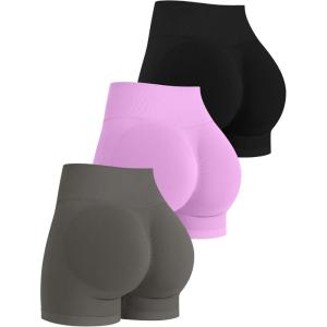 OLCHEE Womens Workout Shorts Seamless Scrunch Butt Lifting 3 Pack Yoga Gym Athletic High Waisted Tummy Control Booty 4.1″(Style3: Black + Khaki + Pink)
