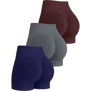OLCHEE Womens Workout Shorts Seamless Scrunch Butt Lifting 3 Pack Yoga Gym Athletic High Waisted Tummy Control Booty 4.1″(Style3: Navy + Dark Grey + Burgundy)