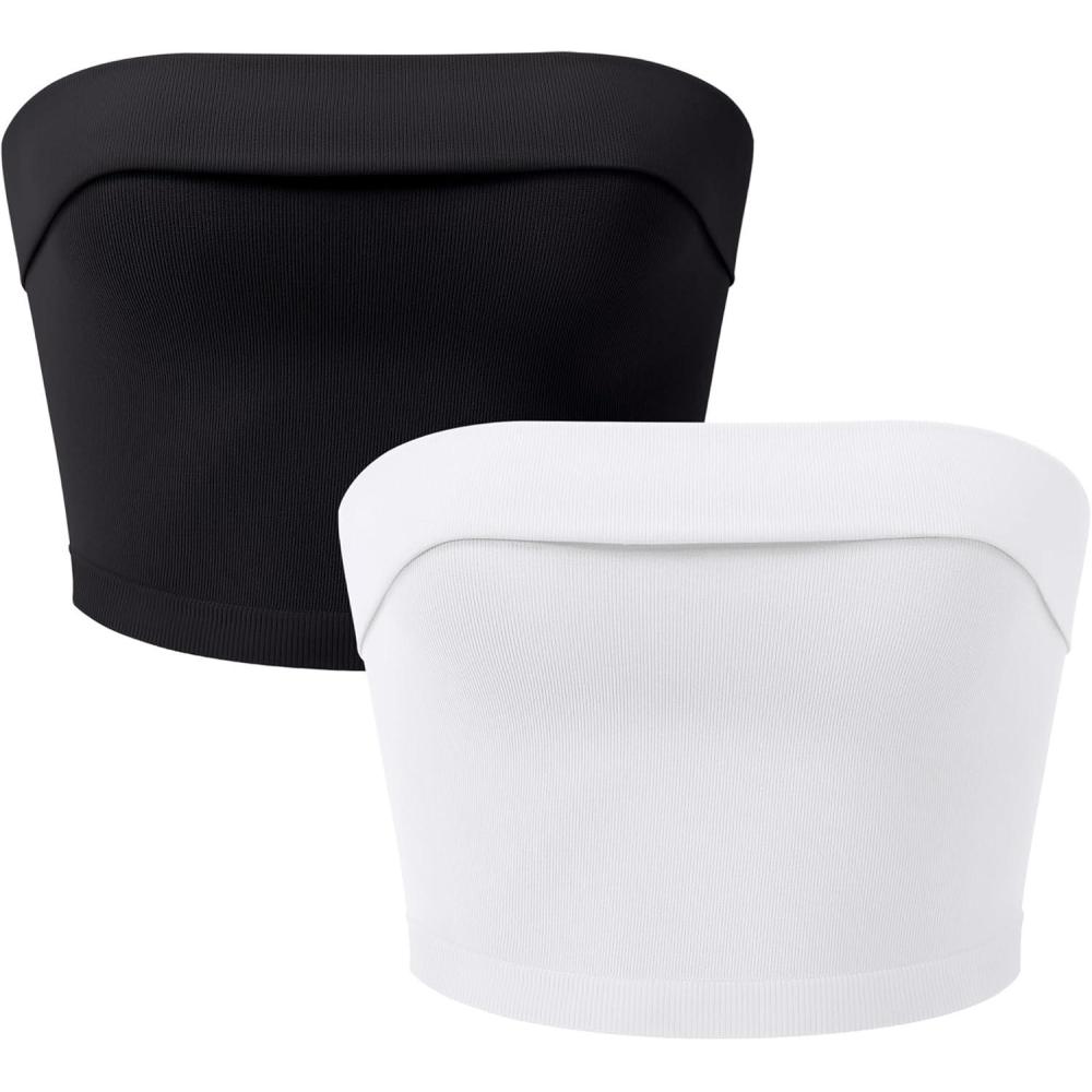 imageOLCHEE Womens 2 Pack Tube Tops Seamless Ribbed Strapless Bandeau Top Fold Over Slim Fitted Summer Going Out ShirtBlack  White