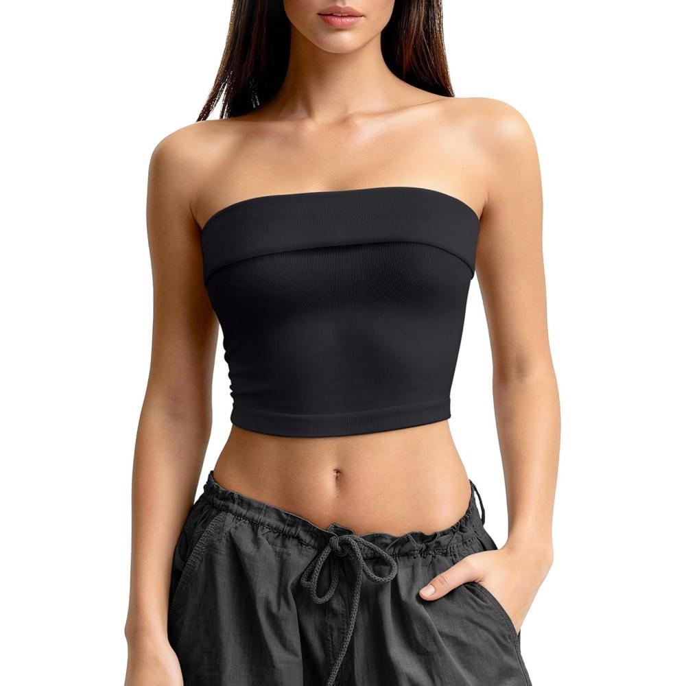 imageOLCHEE Womens 2 Pack Tube Tops Seamless Ribbed Strapless Bandeau Top Fold Over Slim Fitted Summer Going Out ShirtBlack