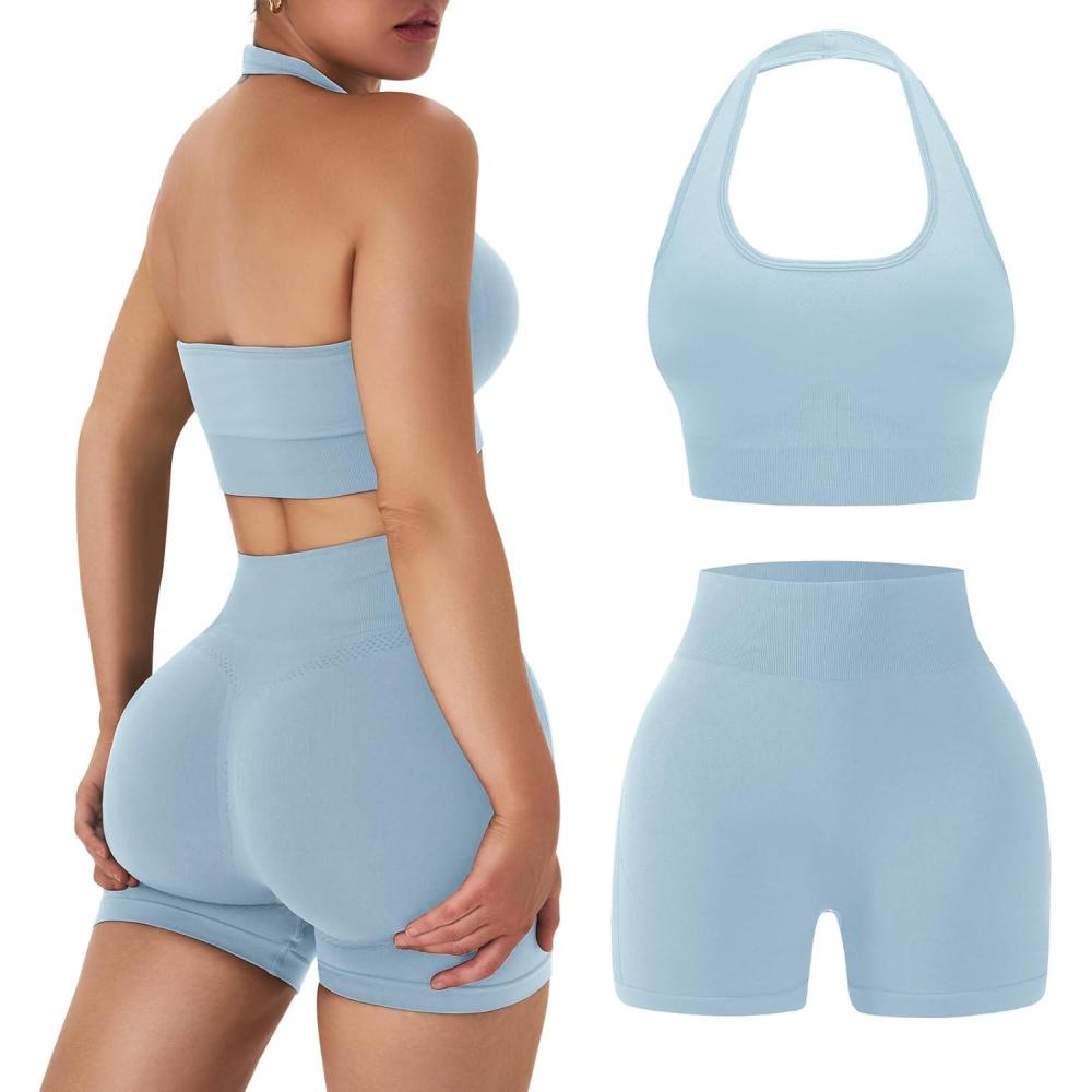 imageOLCHEE Workout Sets for Women 2 Piece Backless Halter Sports Bra High Waist Booty Shorts Yoga Gym Outfits Lounge ActivewearSolid Baby Blue