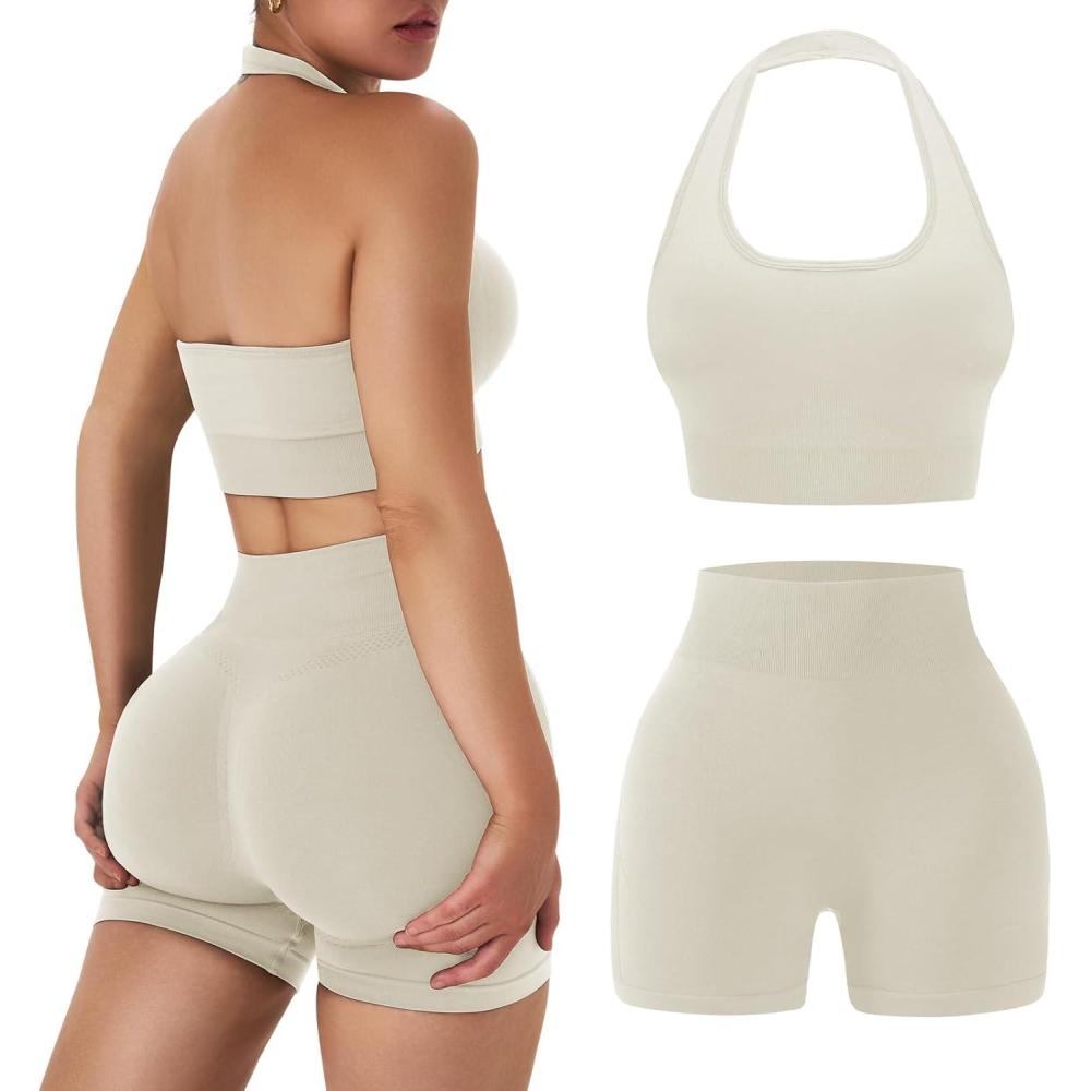 imageOLCHEE Workout Sets for Women 2 Piece Backless Halter Sports Bra High Waist Booty Shorts Yoga Gym Outfits Lounge ActivewearSolid Cream