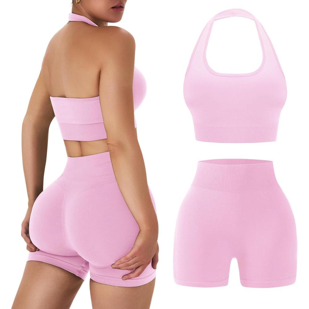 imageOLCHEE Workout Sets for Women 2 Piece Backless Halter Sports Bra High Waist Booty Shorts Yoga Gym Outfits Lounge ActivewearSolid Light Pink