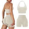 imageOLCHEE Workout Sets for Women 2 Piece Backless Halter Sports Bra High Waist Booty Shorts Yoga Gym Outfits Lounge ActivewearSolid Cream