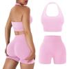 imageOLCHEE Workout Sets for Women 2 Piece Backless Halter Sports Bra High Waist Booty Shorts Yoga Gym Outfits Lounge ActivewearSolid Light Pink