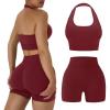 imageOLCHEE Workout Sets for Women 2 Piece Backless Halter Sports Bra High Waist Booty Shorts Yoga Gym Outfits Lounge ActivewearSolid Red