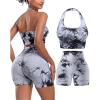 imageOLCHEE Workout Sets for Women 2 Piece Backless Halter Sports Bra High Waist Booty Shorts Yoga Gym Outfits Lounge ActivewearTie Dye Black Gray