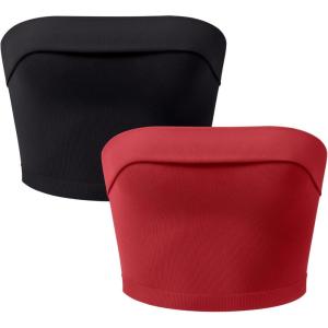 OLCHEE Womens 2 Pack Tube Tops Seamless Ribbed Strapless Bandeau Top Fold Over Slim Fitted Summer Going Out Shirt(Black + Red)