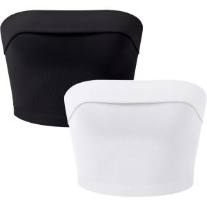 OLCHEE Womens 2 Pack Tube Tops Seamless Ribbed Strapless Bandeau Top Fold Over Slim Fitted Summer Going Out Shirt(Black + White)