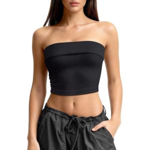 OLCHEE Womens 2 Pack Tube Tops Seamless Ribbed Strapless Bandeau Top Fold Over Slim Fitted Summer Going Out Shirt(Black)