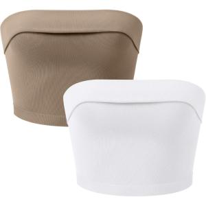 OLCHEE Womens 2 Pack Tube Tops Seamless Ribbed Strapless Bandeau Top Fold Over Slim Fitted Summer Going Out Shirt(White + Khaki)
