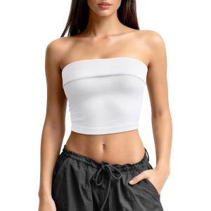 OLCHEE Womens 2 Pack Tube Tops Seamless Ribbed Strapless Bandeau Top Fold Over Slim Fitted Summer Going Out Shirt(White)