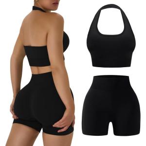 OLCHEE Workout Sets for Women 2 Piece Backless Halter Sports Bra High Waist Booty Shorts Yoga Gym Outfits Lounge Activewear(Solid Black)