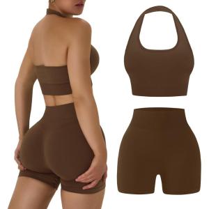 OLCHEE Workout Sets for Women 2 Piece Backless Halter Sports Bra High Waist Booty Shorts Yoga Gym Outfits Lounge Activewear(Solid Brown)